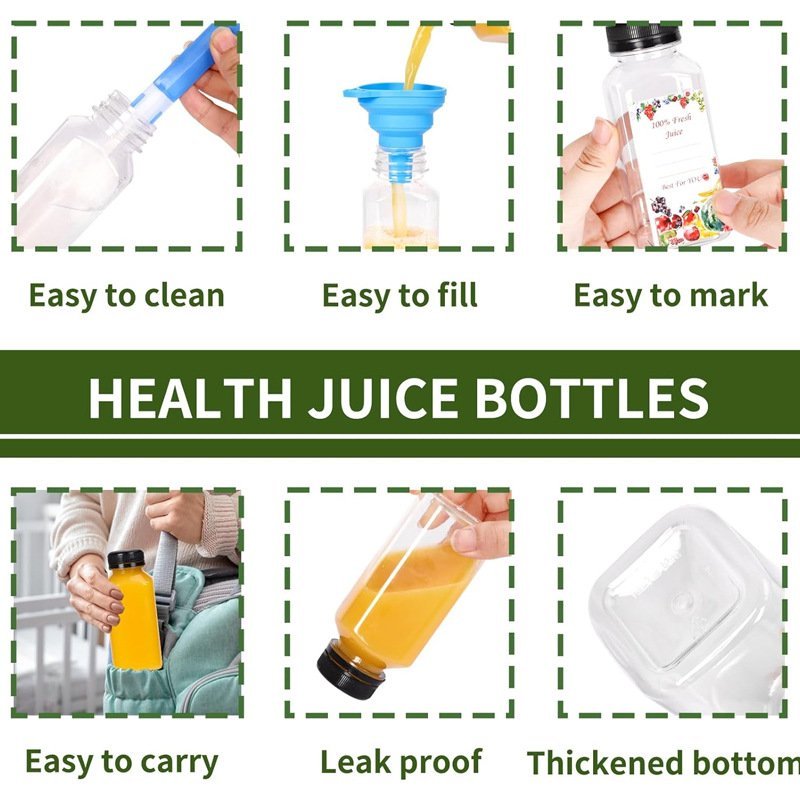 Clear PET juice bottles for beverages and liquids.