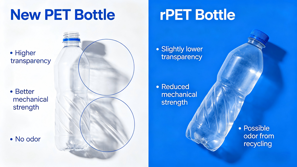 High transparency PET bottle vs. rPET bottle showing differences in clarity and material strength.