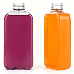 Bright purple and orange plastic bottles with silver caps for liquids.