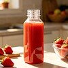 A 12oz square PET plastic juice bottle containing strawberry juice