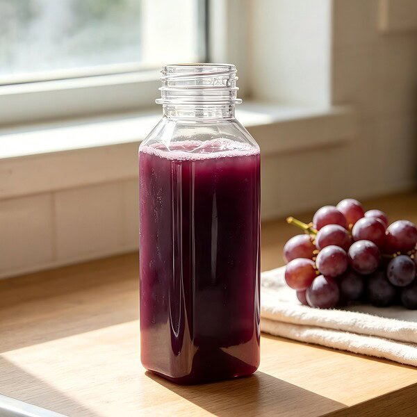 A 12oz PET square juice bottle contains grape juice