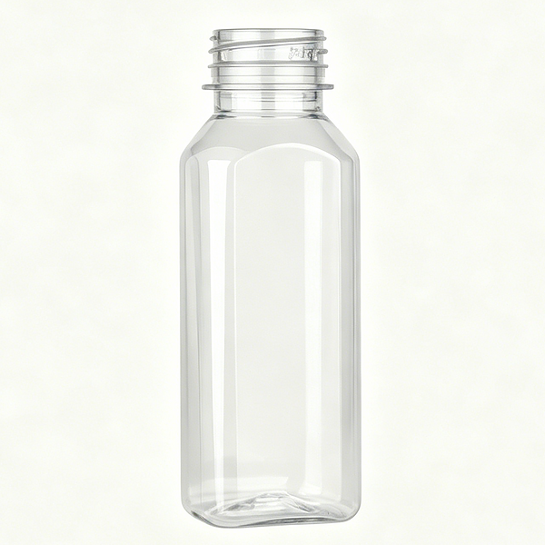 A clear 12oz square PET plastic juice bottle lies empty, waiting to be filled with juice and beverages.