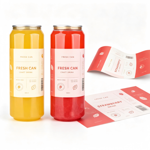 Colorful craft drink cans with labels and promotional flyers on white background.