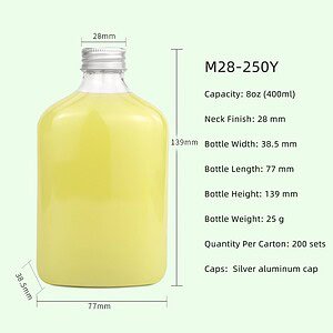 Custom 8oz yellow plastic bottle with silver aluminum cap, 139mm height, 77mm width.