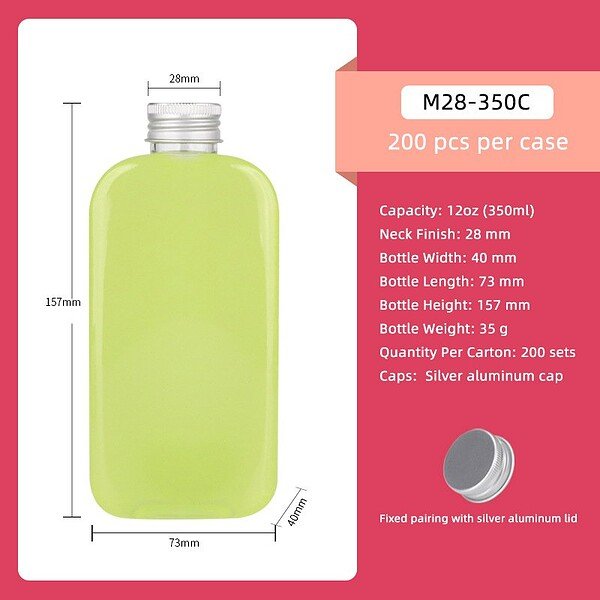 12oz flat square PET transparent juice bottle with silver aluminum cap, 73mm height, 40mm width.