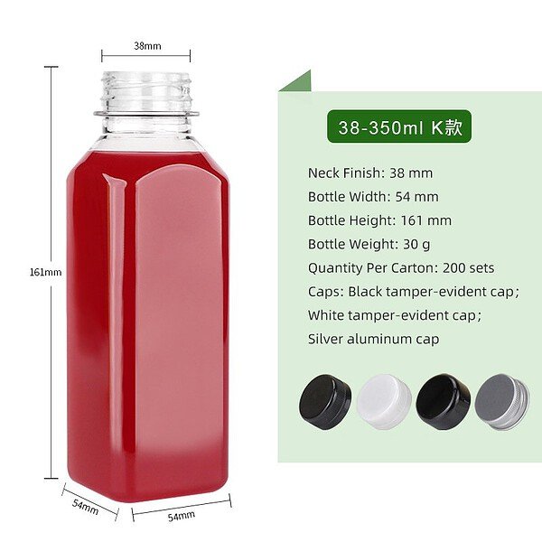 Product specifications for a clear 12oz PET plastic square juice bottle