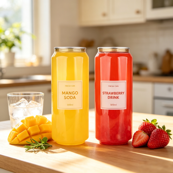 Clear plastic bottles with mango and strawberry drinks on a kitchen counter.