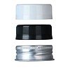High-quality plastic caps in white, black, and silver for bottles and containers.