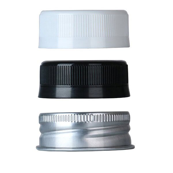 High-quality plastic caps in white, black, and silver for bottles and containers.