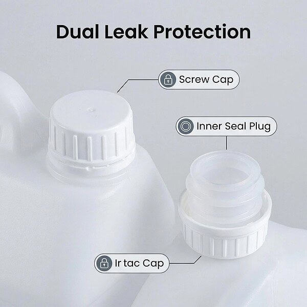 Dual leak protection with screw cap and inner seal plug for plastic jugs.