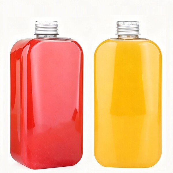 flat square PET transparent juice bottle with aluminum cap for good sealing.