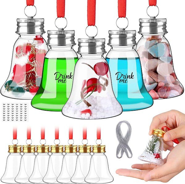 Miniature glass and plastic Christmas ornament bottles with colorful liquids and caps, ideal for hol.
