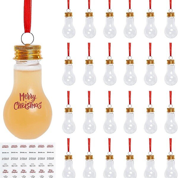 Merry Christmas light bulb-shaped plastic bottle for beverages, 2oz capacity, festive holiday design.