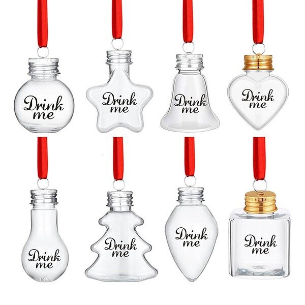Miniature plastic bottles with "Drink me" text, featuring various shapes and red ribbons for Christmas.