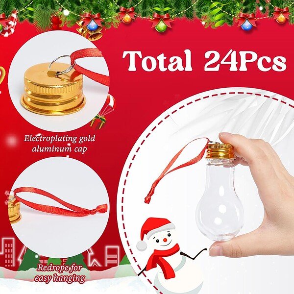 Shiny gold aluminum cap with red ribbon for easy hanging on clear light bulb-shaped plastic bottle.