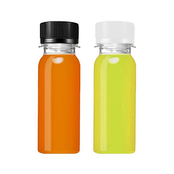 PET clear 2oz round long straight juice shot bottles with black and white lids.