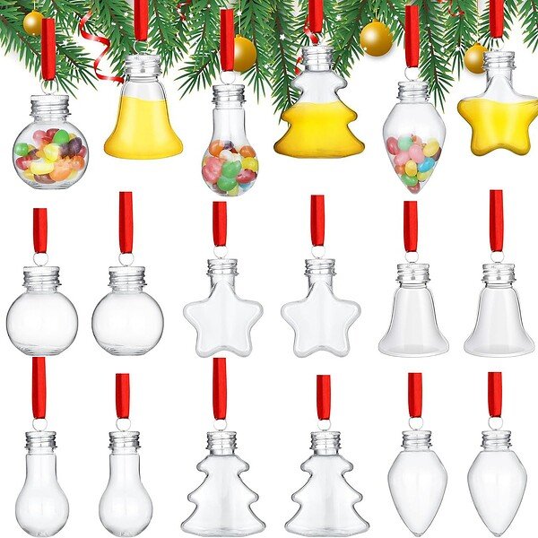 Assorted clear plastic bottles with holiday-themed shapes and colorful caps for Christmas decor.