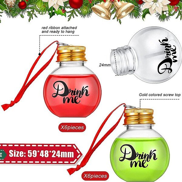 Drink me 2oz round clear food grade plastic bottle with aluminum cap for Christmas, with red ribbon.