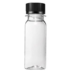Clear 2oz round plastic juice shot bottle with black lid, ideal for beverages and samples.