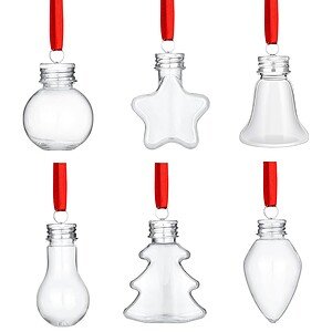 Set of six clear plastic Christmas ornaments in various shapes with red ribbons.