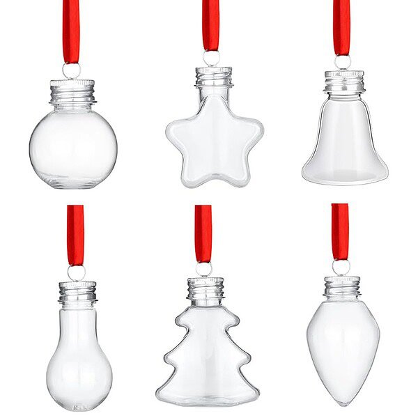 Set of six clear plastic Christmas ornaments in various shapes with red ribbons.