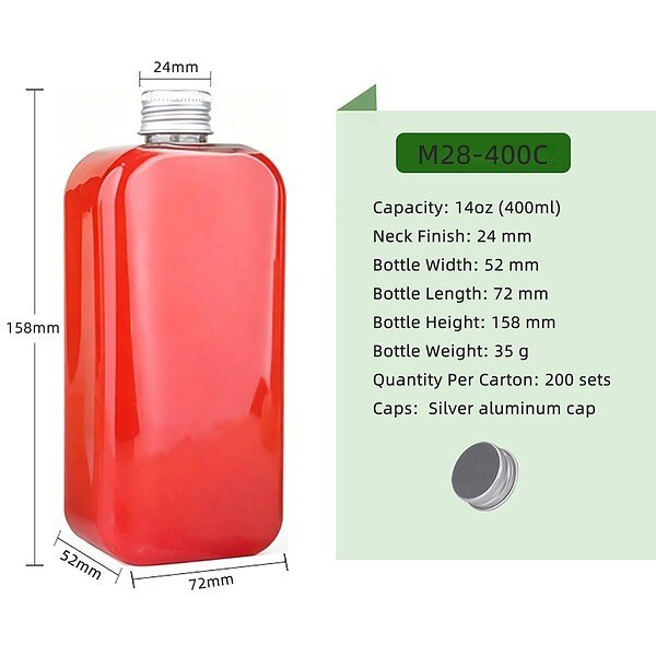 Red 14oz plastic bottle with silver aluminum cap, dimensions 72x52mm, 158mm tall.
