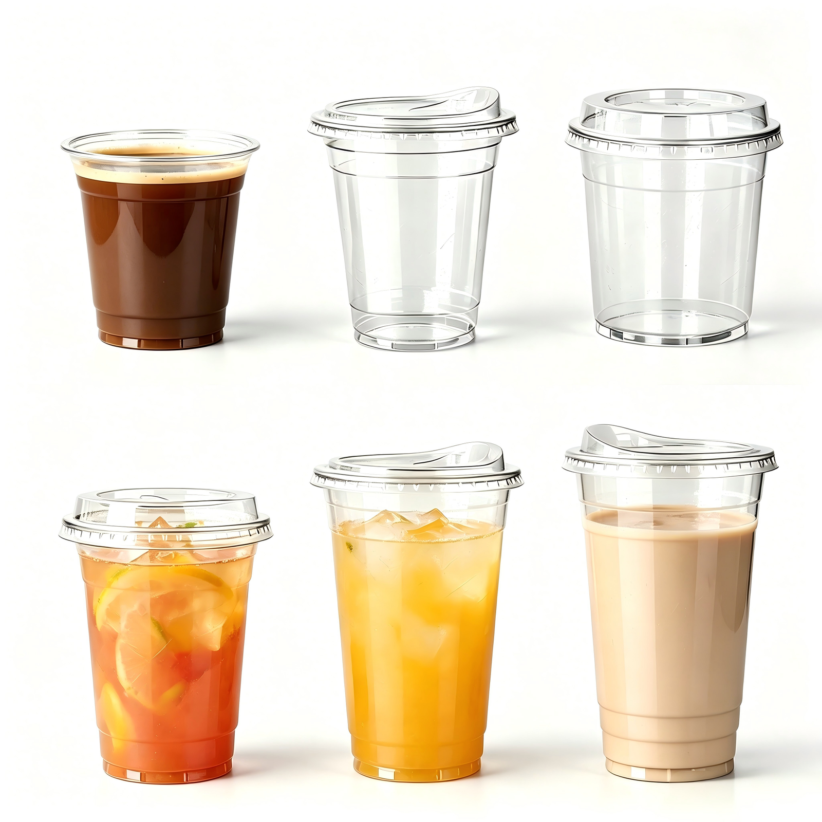 Coffee in a clear plastic cup with a lid, showcasing a variety of beverage containers.