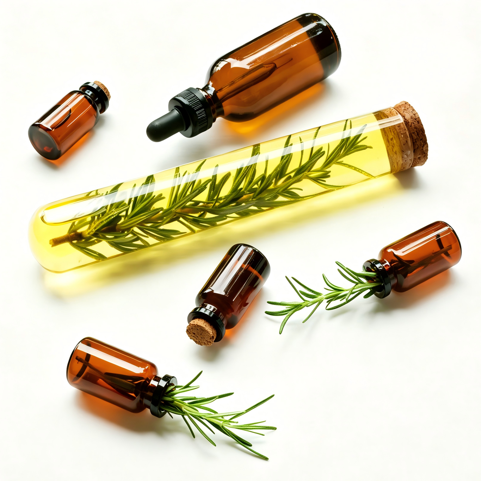 Amber glass bottles with cork stoppers and fresh rosemary sprigs inside, ideal for essential oils or.