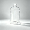 Clear empty plastic bottle with screw cap threads on a neutral background.
