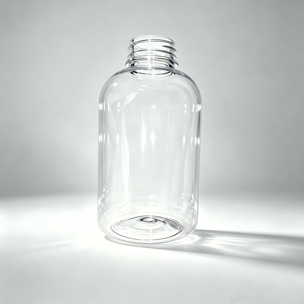 Clear empty plastic bottle with screw cap threads on a neutral background.