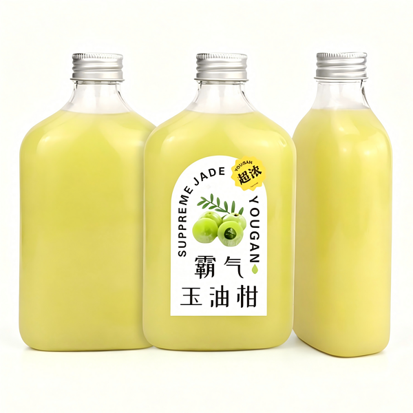 Popular 12oz flat, clear PET juice bottle with aluminum cap; customizable labels available.