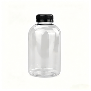 Clear plastic bottle with black screw cap for liquids or supplements.
