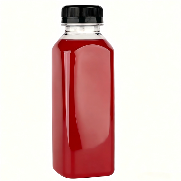 This empty, clear 350ml (12oz) square juice bottle is made of food-grade PET material and is 100% recyclable. It can be used to hold juice and other beverages.