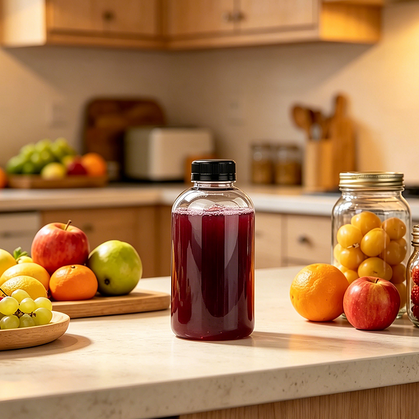 A 16oz (500ml) round PET juice bottle filled with grape juice sits in the kitchen.