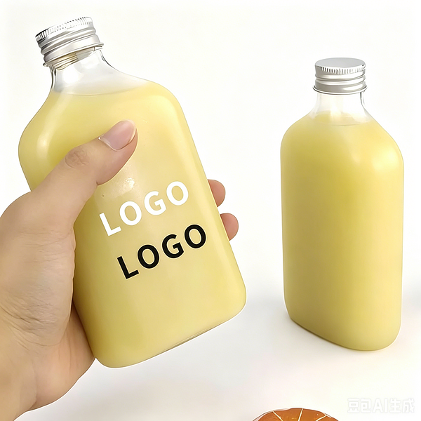 Juice bottles with customizable logos and labels, 8oz or 12oz capacity.