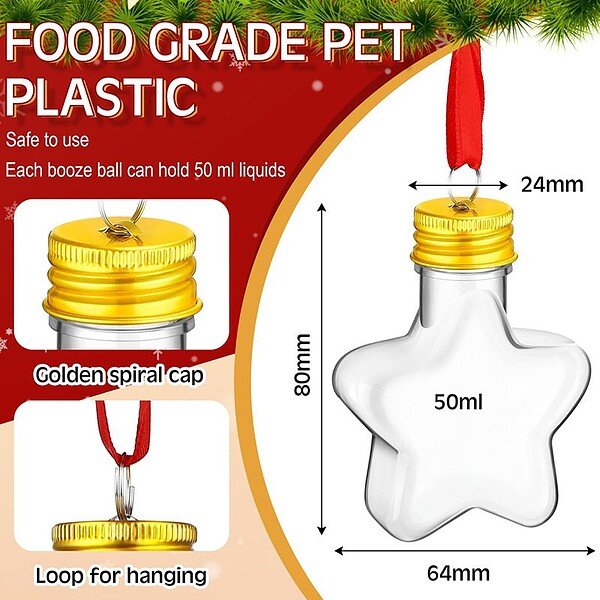Clear star-shaped 50ml food-grade plastic bottle with yellow screw cap and hanging loop.