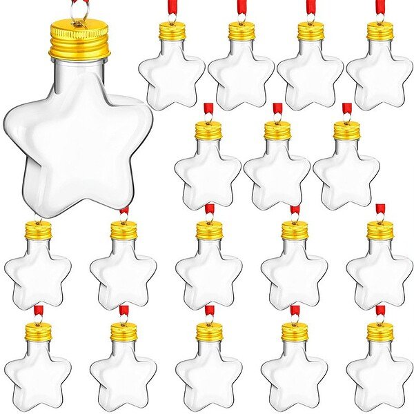 2oz Star-shaped plastic bottles with gold caps, ideal for festive juice or syrup packaging.