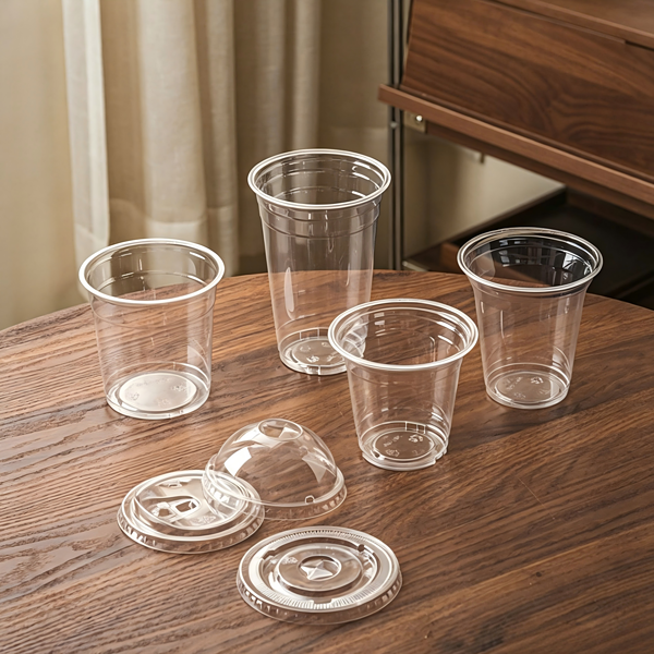 Clear plastic cups with lids on a wooden table, suitable for beverages and takeout.