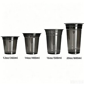 Black plastic cups in various sizes for drinks and catering needs.