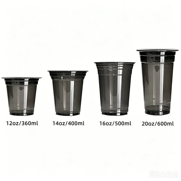 Black plastic cups in various sizes for drinks and catering needs.