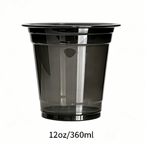 Black plastic cup with 12oz/360ml capacity, ideal for beverages and drinks.