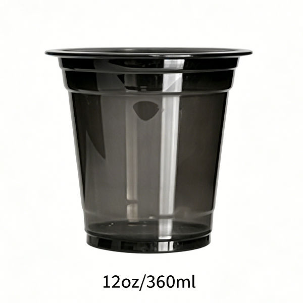 Black plastic cup with 12oz/360ml capacity, ideal for beverages and drinks.
