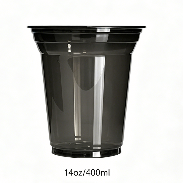 Reusable black plastic cup with a 14oz/400ml capacity, ideal for beverages. Durable and lightweight.