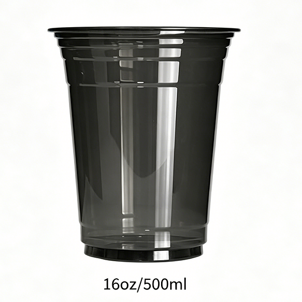 Black 16oz/500ml plastic cup for drinks and beverages.