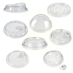 Transparent plastic dome lids for food containers, ideal for beverages and takeaway packaging.