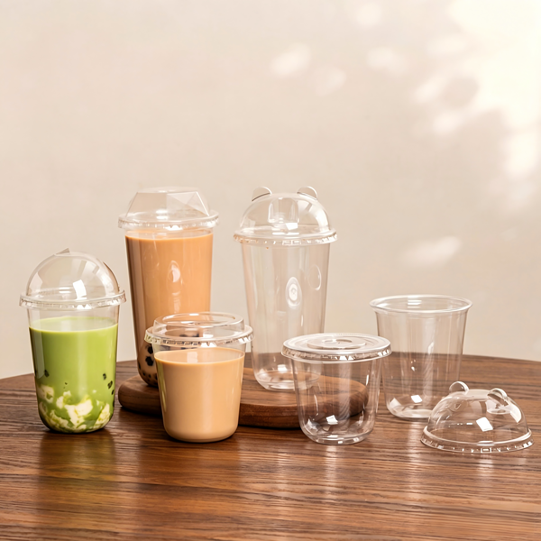 plastic coffee cups filled with drinks are placed on the bar counter. PET cups are suitable for juice shops, coffee shops, soft drink shops, and bubble tea shops.