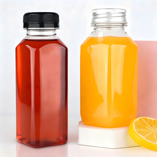 Clear plastic bottles with black and silver caps for beverages or supplements.