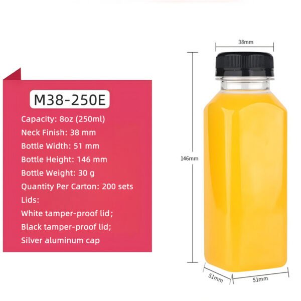 Clear 8 oz square PET juice bottle with black tamper-proof lid.