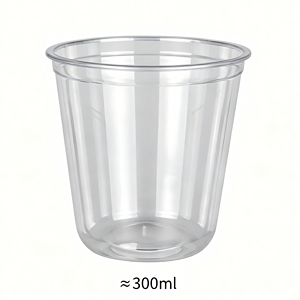 Transparent plastic cup with 300ml capacity, ideal for drinks and food storage.