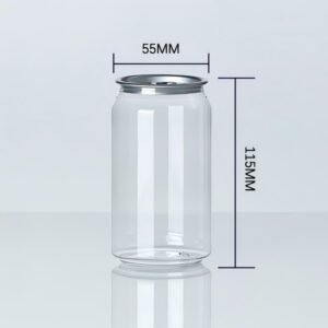 Clear PET can with aluminum easy open lid, 115mm height, 55mm diameter.